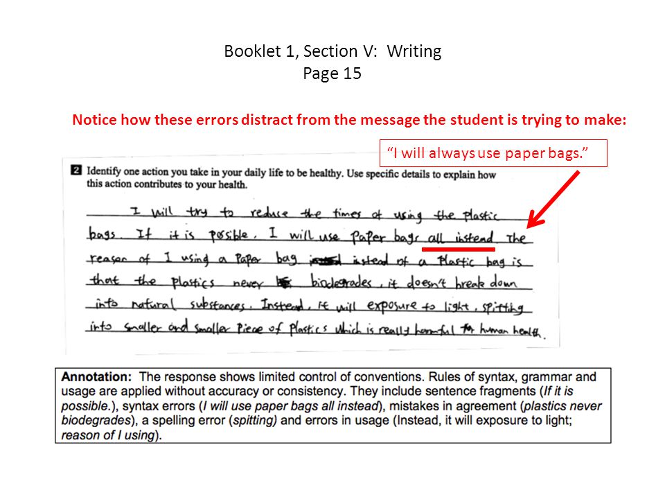 Booklet 1, Section V: Writing Page 15 Notice how these errors distract from the message the student is trying to make: I will always use paper bags.