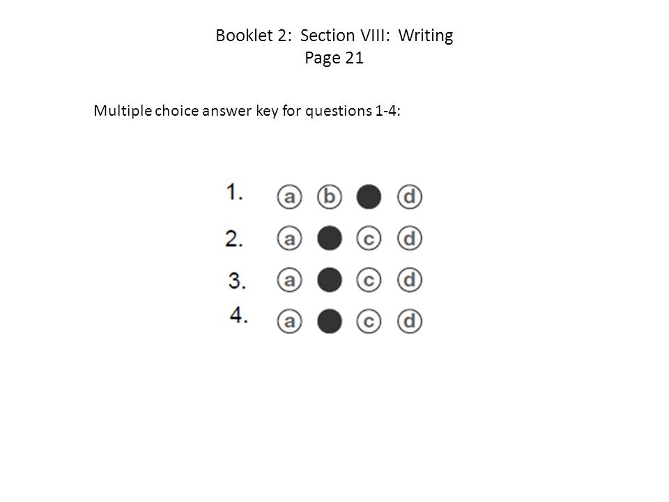 Booklet 2: Section VIII: Writing Page 21 Multiple choice answer key for questions 1-4: