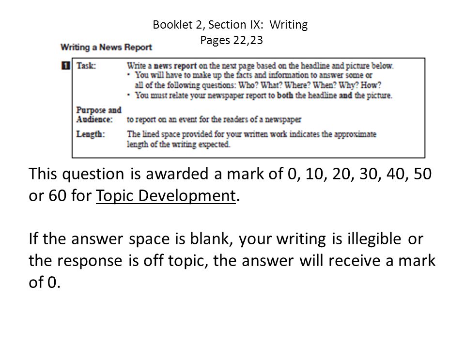 Booklet 2, Section IX: Writing Pages 22,23 This question is awarded a mark of 0, 10, 20, 30, 40, 50 or 60 for Topic Development.