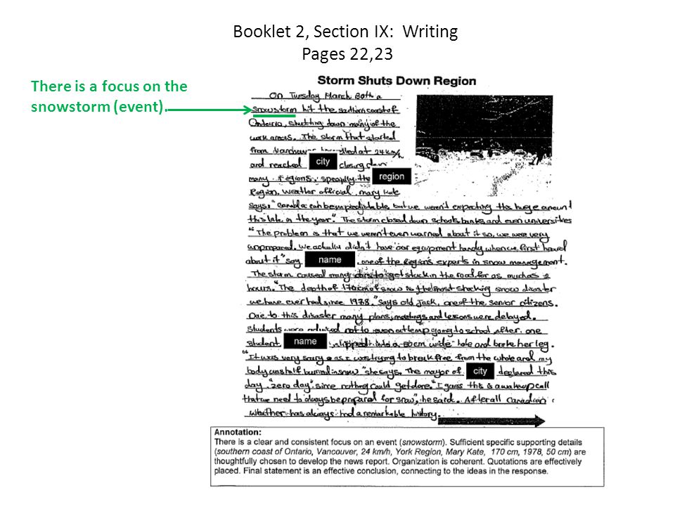 Booklet 2, Section IX: Writing Pages 22,23 There is a focus on the snowstorm (event).