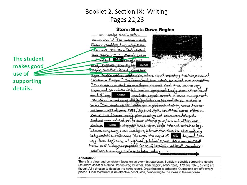 Booklet 2, Section IX: Writing Pages 22,23 The student makes good use of supporting details.