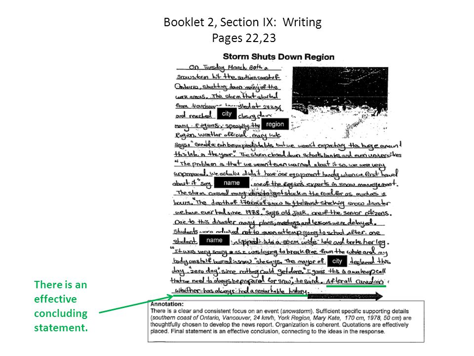 Booklet 2, Section IX: Writing Pages 22,23 There is an effective concluding statement.
