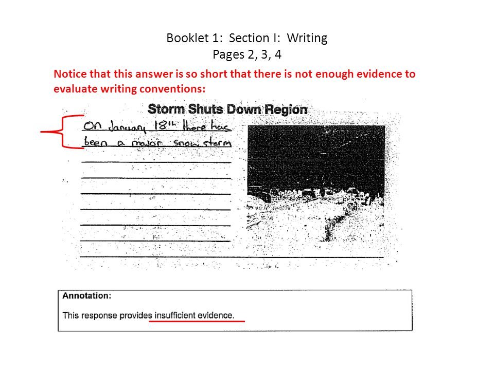 Booklet 1: Section I: Writing Pages 2, 3, 4 Notice that this answer is so short that there is not enough evidence to evaluate writing conventions: