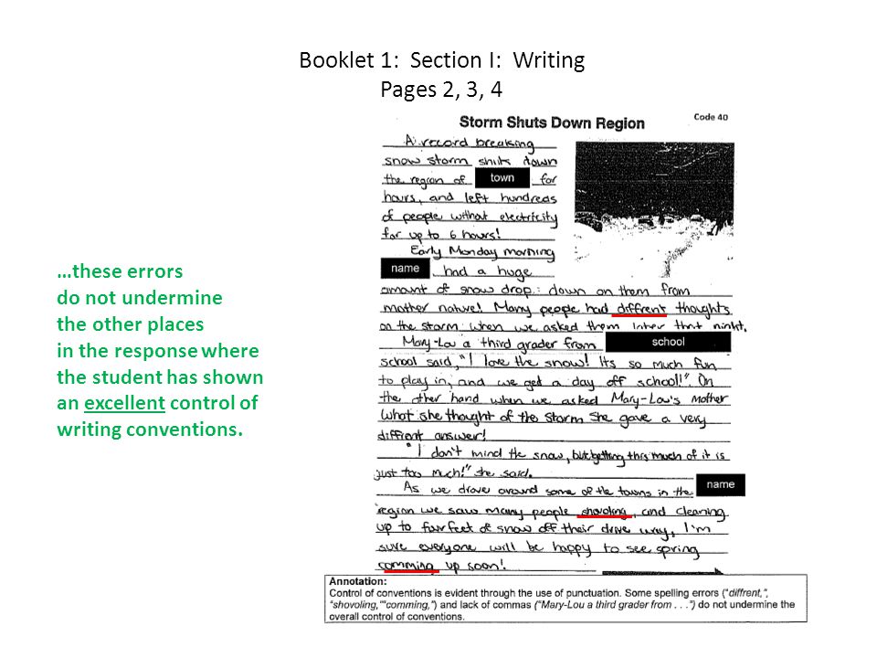 Booklet 1: Section I: Writing Pages 2, 3, 4 …these errors do not undermine the other places in the response where the student has shown an excellent control of writing conventions.