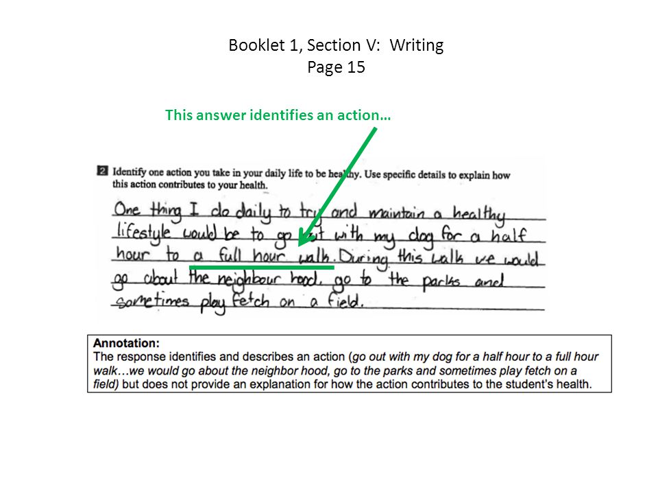 Booklet 1, Section V: Writing Page 15 This answer identifies an action…