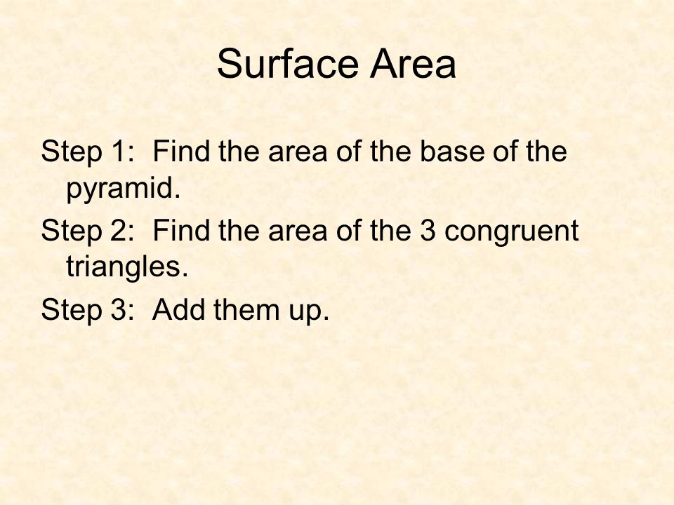 Surface Area Step 1: Find the area of the base of the pyramid.