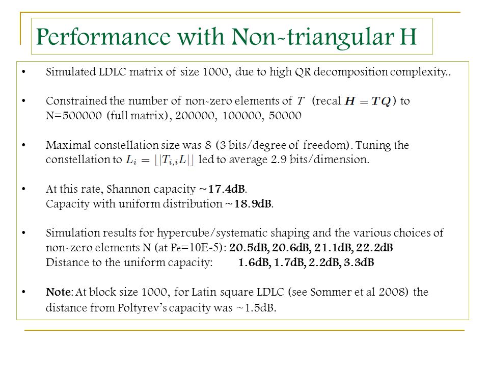 Performance with Non-triangular H Simulated LDLC matrix of size 1000, due to high QR decomposition complexity..