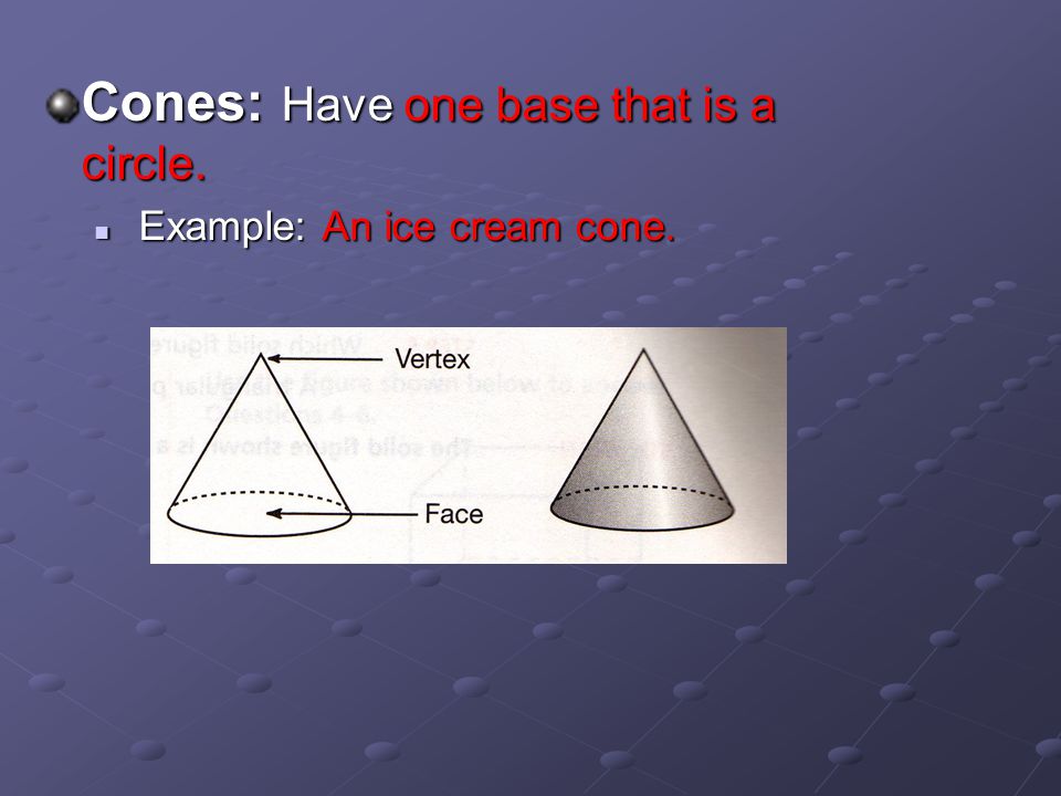 Cones: Have one base that is a circle. Example: An ice cream cone. Example: An ice cream cone.