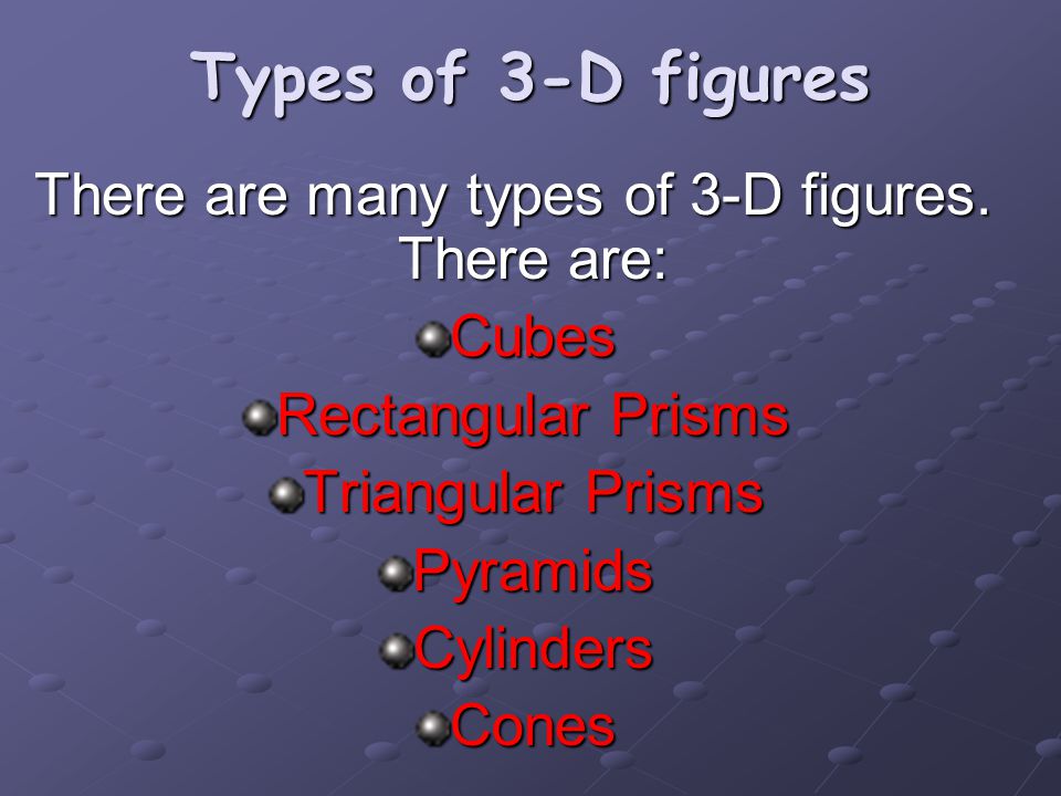 Types of 3-D figures There are many types of 3-D figures.