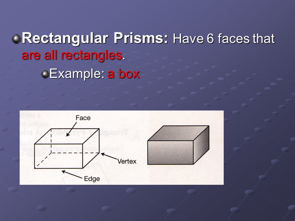 Rectangular Prisms: Have 6 faces that are all rectangles. Example: a box