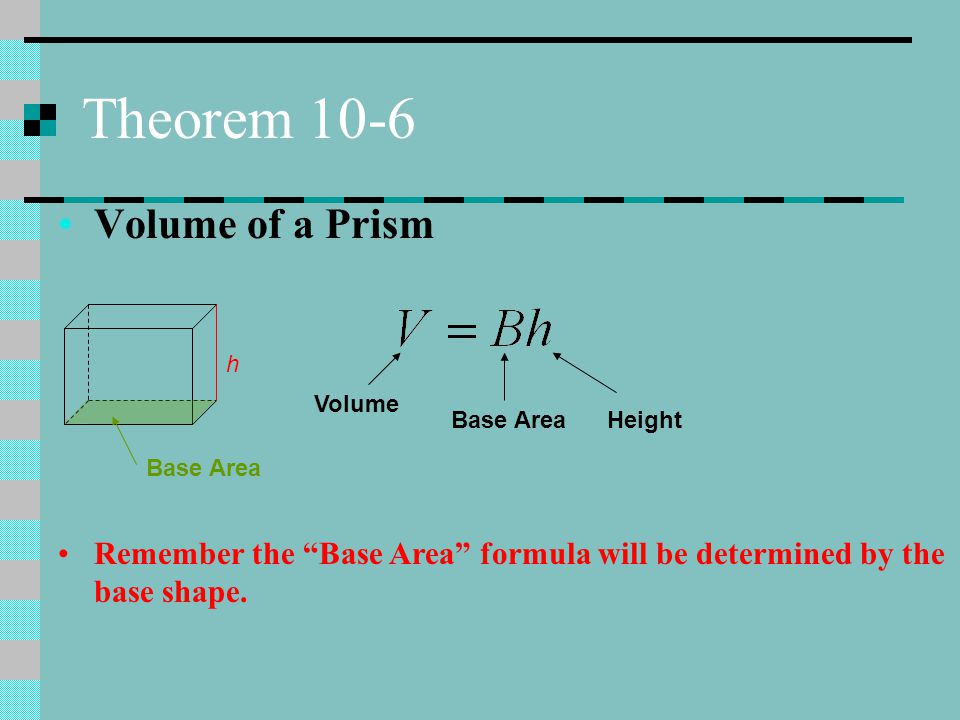 Theorem 10-6 Volume of a Prism Volume HeightBase Area h Remember the Base Area formula will be determined by the base shape.