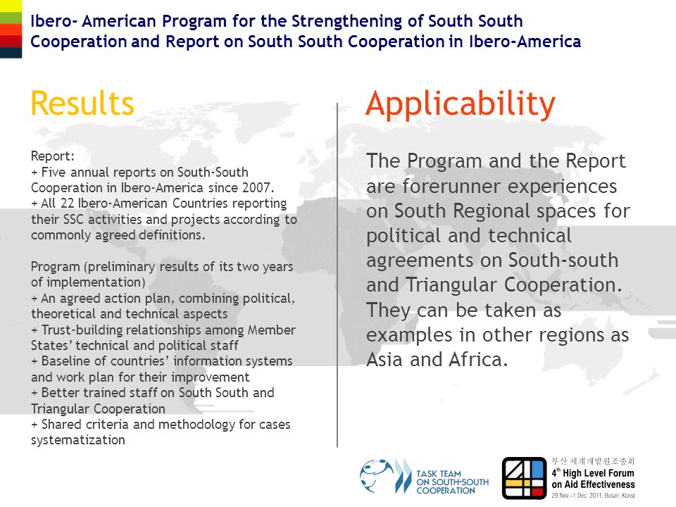 ResultsApplicability Report: + Five annual reports on South-South Cooperation in Ibero-America since 2007.
