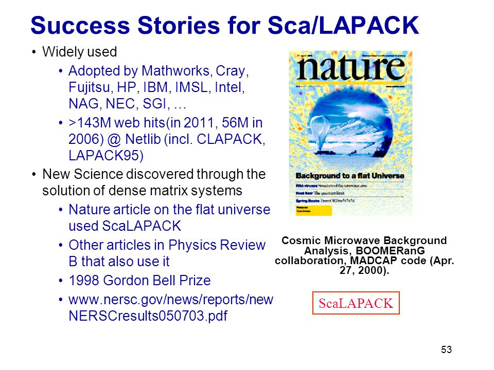 53 Success Stories for Sca/LAPACK Cosmic Microwave Background Analysis, BOOMERanG collaboration, MADCAP code (Apr.