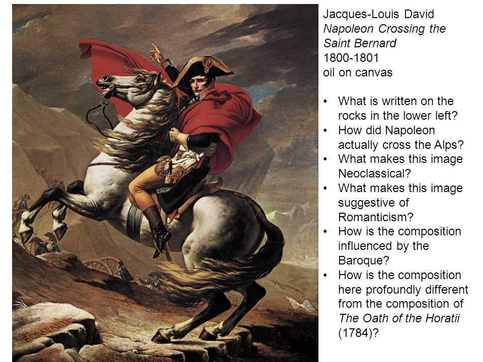 Jacques-Louis David Napoleon Crossing the Saint Bernard oil on canvas What is written on the rocks in the lower left.