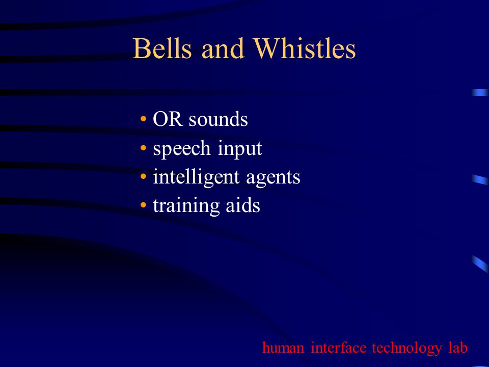 human interface technology lab Bells and Whistles OR sounds speech input intelligent agents training aids