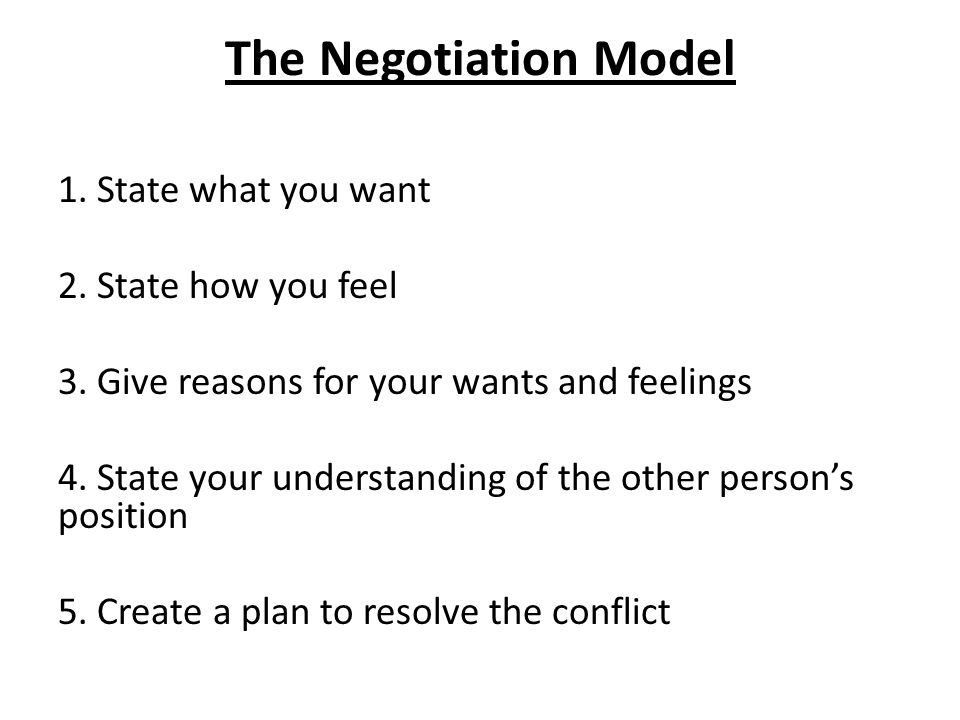 The Negotiation Model 1. State what you want 2. State how you feel 3.