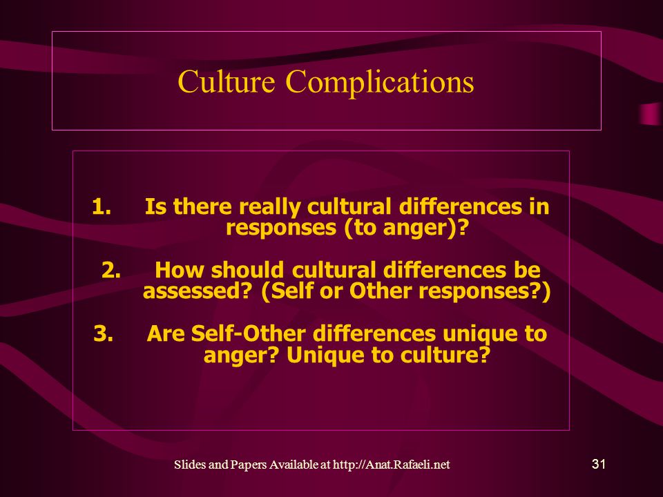 Culture Complications Slides and Papers Available at   1.Is there really cultural differences in responses (to anger).