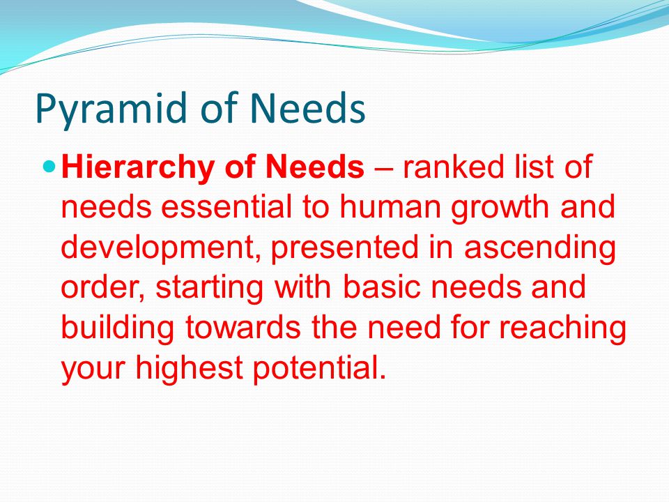 Pyramid of Needs Hierarchy of Needs – ranked list of needs essential to human growth and development, presented in ascending order, starting with basic needs and building towards the need for reaching your highest potential.
