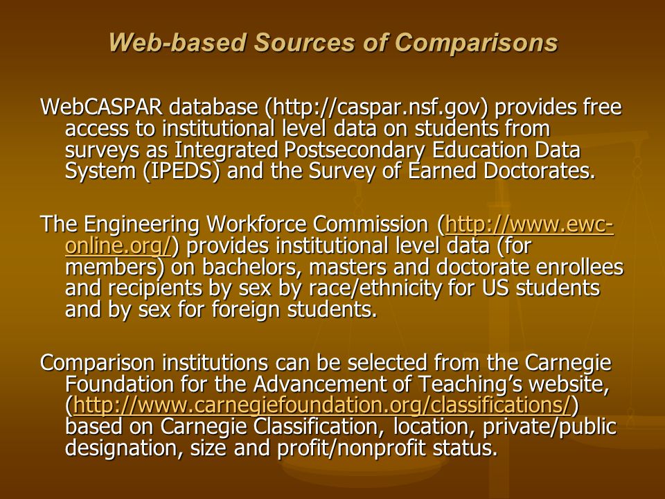 Web-based Sources of Comparisons WebCASPAR database (  provides free access to institutional level data on students from surveys as Integrated Postsecondary Education Data System (IPEDS) and the Survey of Earned Doctorates.
