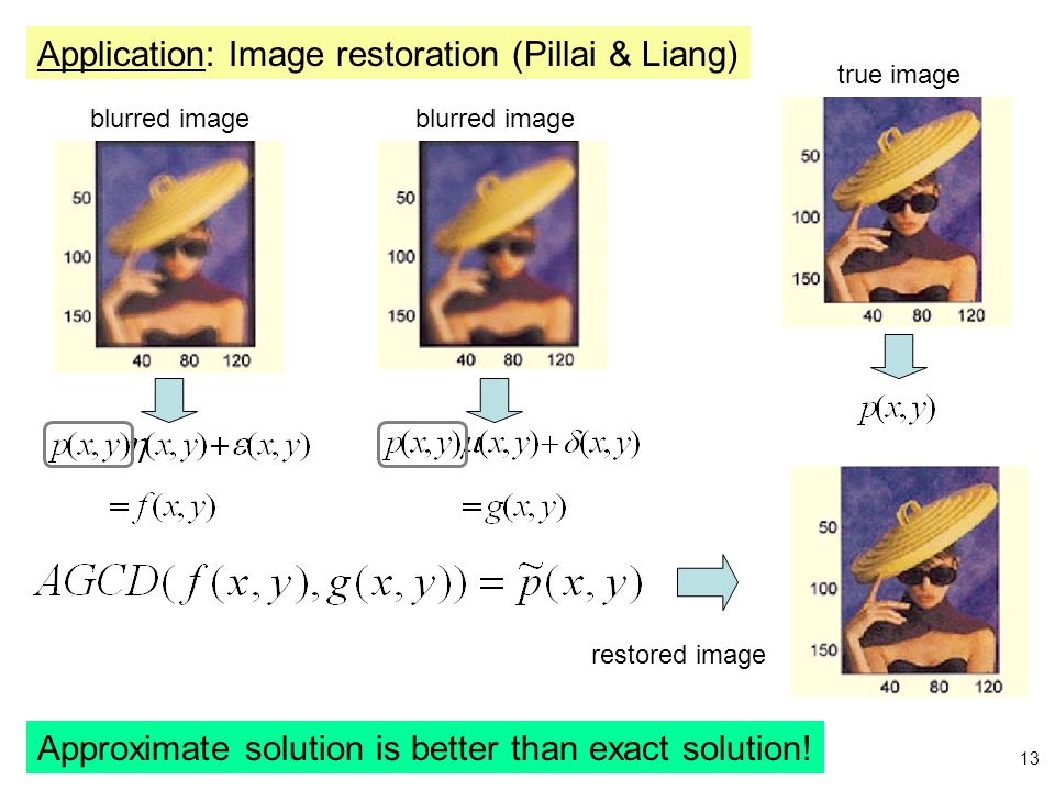 Application: Image restoration (Pillai & Liang) true image blurred image restored image Approximate solution is better than exact solution.