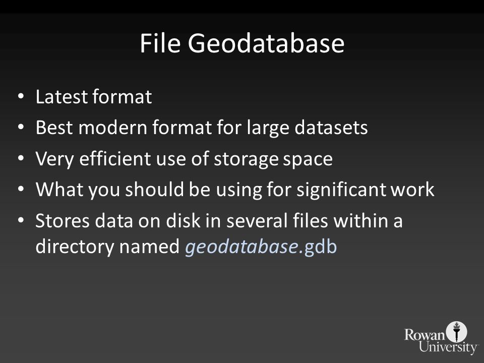 File Geodatabase Latest format Best modern format for large datasets Very efficient use of storage space What you should be using for significant work Stores data on disk in several files within a directory named geodatabase.gdb