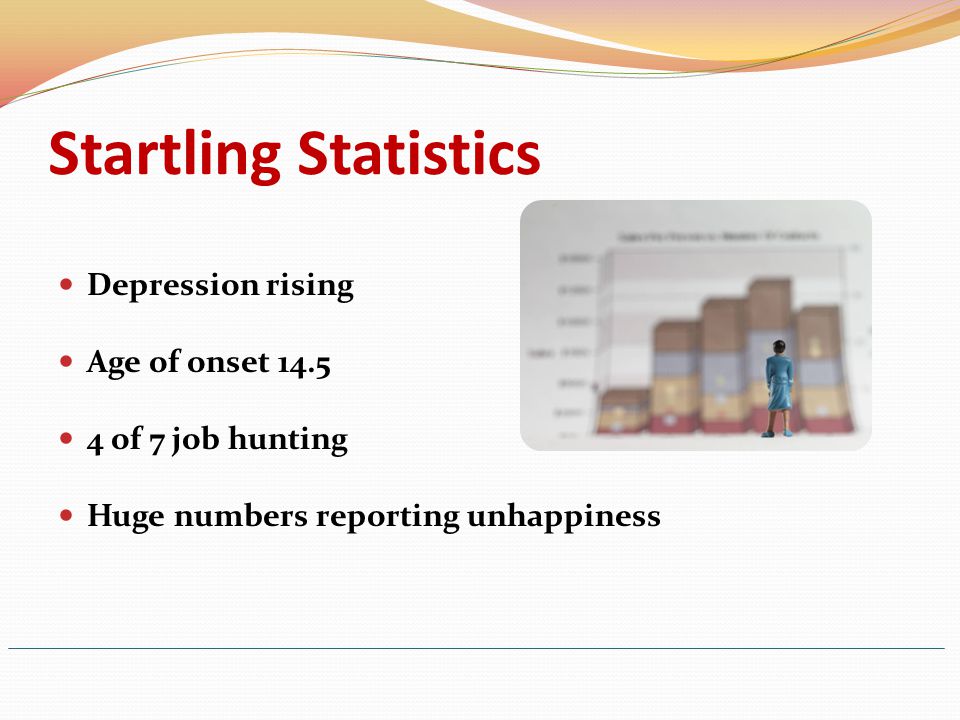 Startling Statistics Depression rising Age of onset of 7 job hunting Huge numbers reporting unhappiness