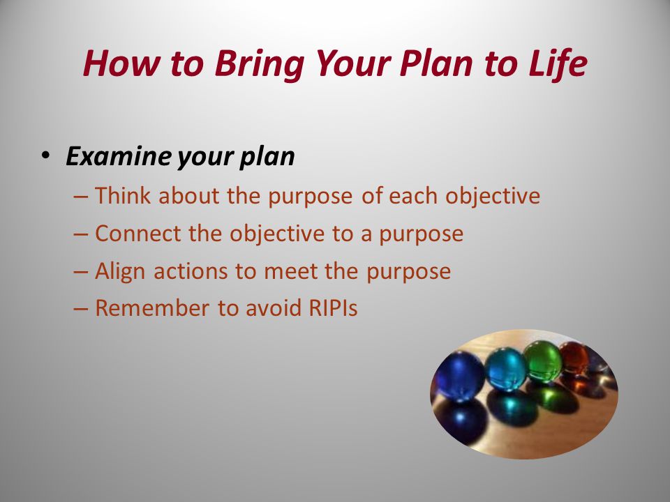 How to Bring Your Plan to Life Examine your plan – Think about the purpose of each objective – Connect the objective to a purpose – Align actions to meet the purpose – Remember to avoid RIPIs