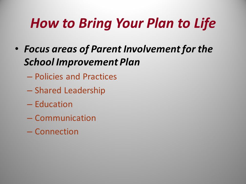 How to Bring Your Plan to Life Focus areas of Parent Involvement for the School Improvement Plan – Policies and Practices – Shared Leadership – Education – Communication – Connection