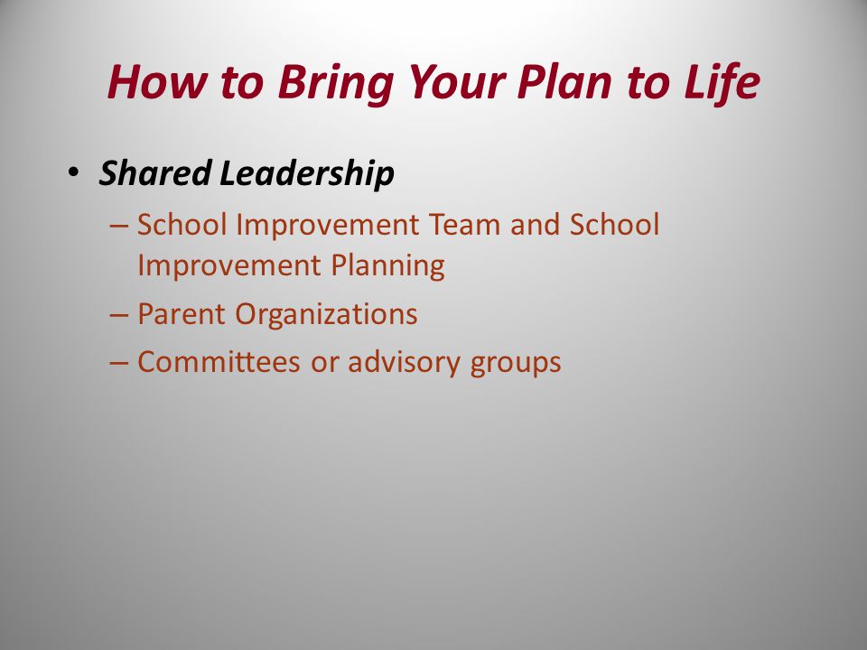 Shared Leadership – School Improvement Team and School Improvement Planning – Parent Organizations – Committees or advisory groups How to Bring Your Plan to Life