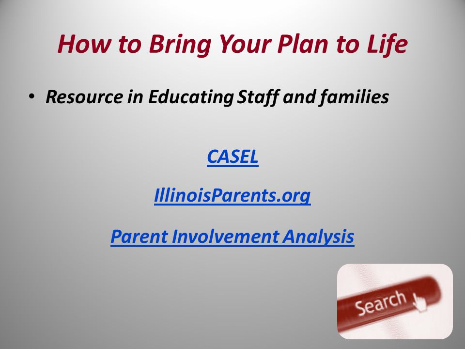 Resource in Educating Staff and families CASEL IllinoisParents.org Parent Involvement Analysis