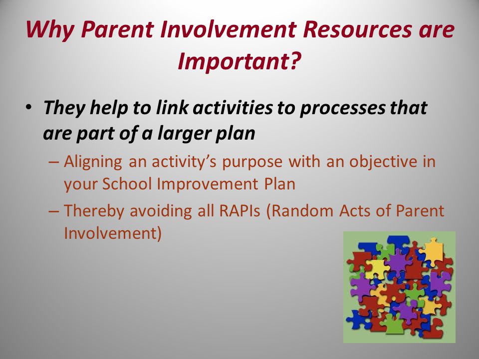 They help to link activities to processes that are part of a larger plan – Aligning an activity’s purpose with an objective in your School Improvement Plan – Thereby avoiding all RAPIs (Random Acts of Parent Involvement)