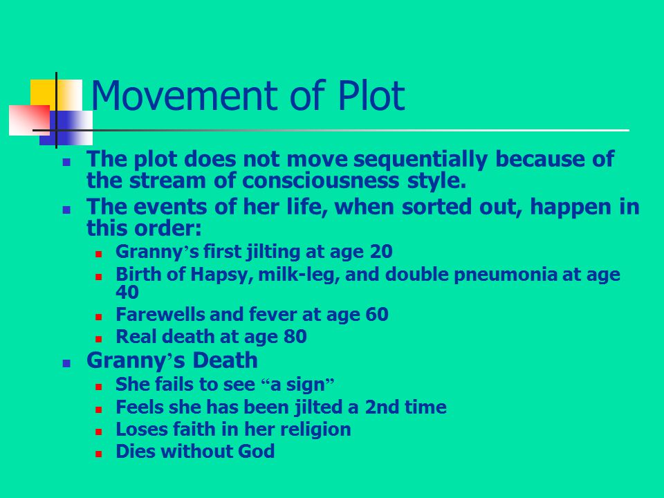 Movement of Plot The plot does not move sequentially because of the stream of consciousness style.