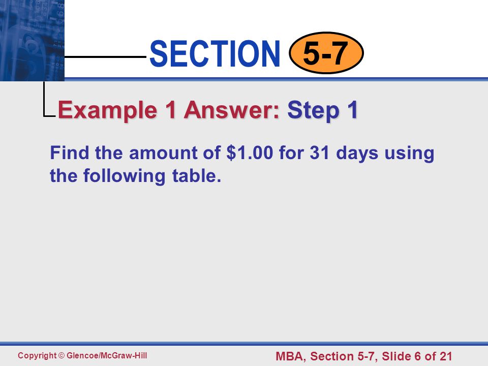 Click to edit Master text styles Second level Third level Fourth level Fifth level 6 SECTION Copyright © Glencoe/McGraw-Hill MBA, Section 5-7, Slide 6 of Find the amount of $1.00 for 31 days using the following table.