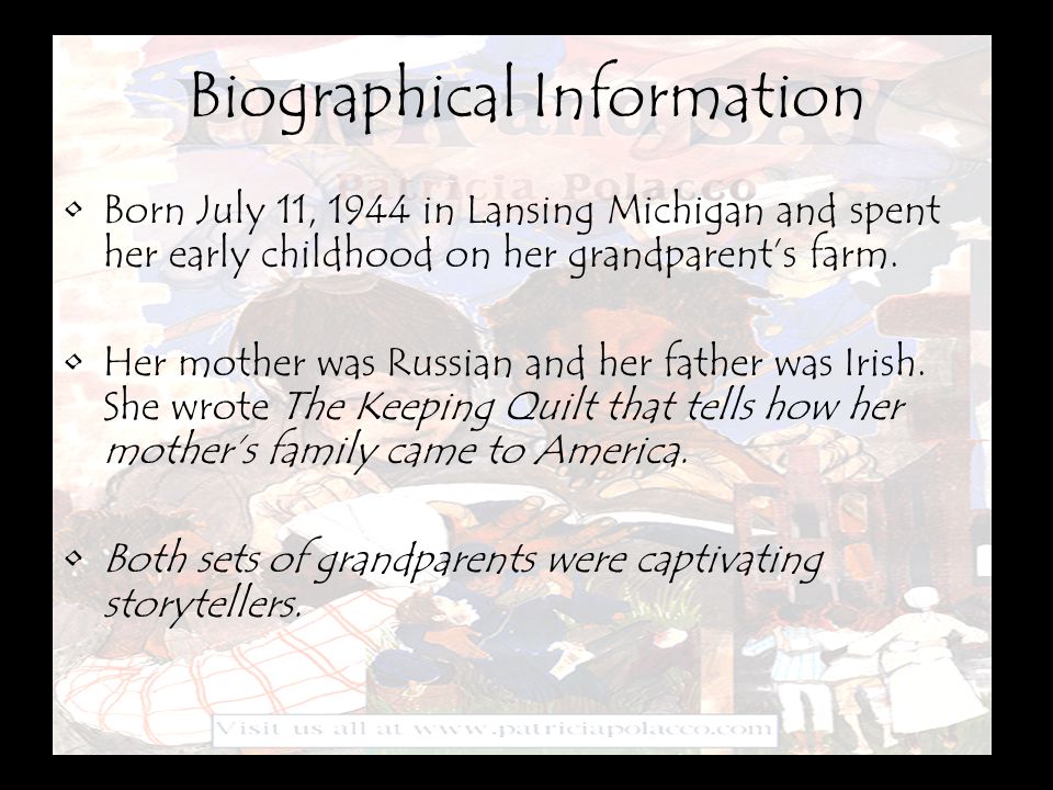 Biographical Information Born July 11, 1944 in Lansing Michigan and spent her early childhood on her grandparent’s farm.