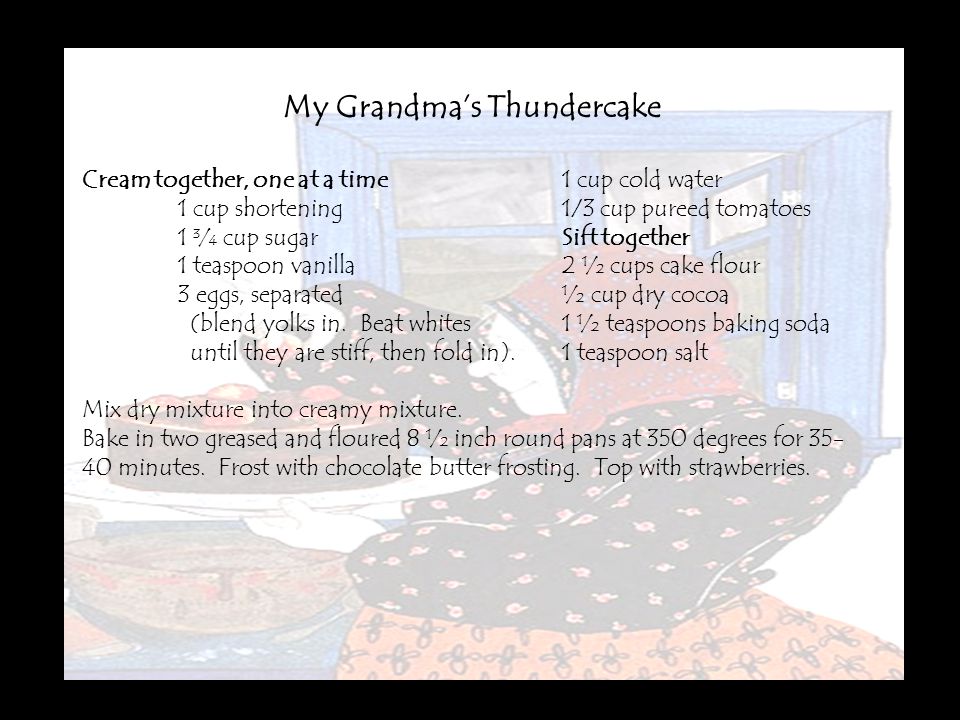 My Grandma’s Thundercake Cream together, one at a time1 cup cold water 1 cup shortening1/3 cup pureed tomatoes 1 ¾ cup sugarSift together 1 teaspoon vanilla2 ½ cups cake flour 3 eggs, separated½ cup dry cocoa (blend yolks in.