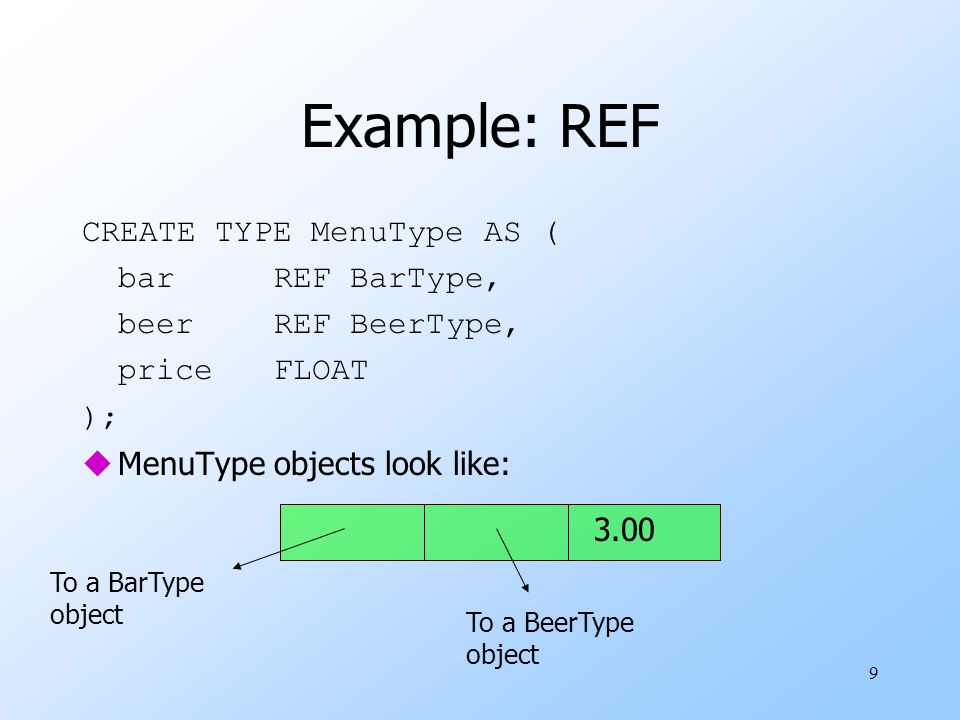 9 Example: REF CREATE TYPE MenuType AS ( barREF BarType, beerREF BeerType, priceFLOAT ); uMenuType objects look like: 3.00 To a BarType object To a BeerType object