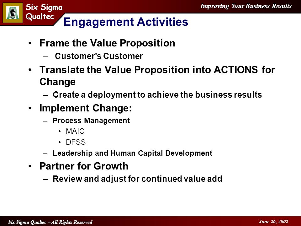 Improving Your Business Results Six Sigma Qualtec Six Sigma Qualtec Six Sigma Qualtec – All Rights Reserved June 26, 2002 Engagement Activities Frame the Value Proposition – Customer s Customer Translate the Value Proposition into ACTIONS for Change –Create a deployment to achieve the business results Implement Change: –Process Management MAIC DFSS –Leadership and Human Capital Development Partner for Growth –Review and adjust for continued value add