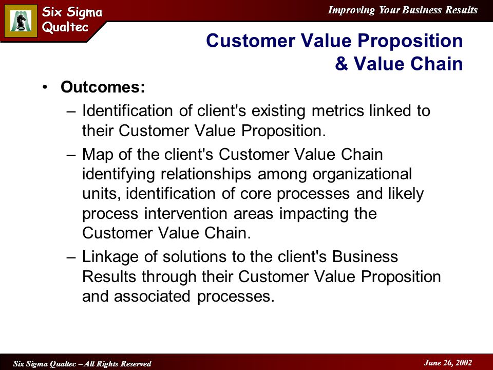 Improving Your Business Results Six Sigma Qualtec Six Sigma Qualtec Six Sigma Qualtec – All Rights Reserved June 26, 2002 Customer Value Proposition & Value Chain Outcomes: –Identification of client s existing metrics linked to their Customer Value Proposition.