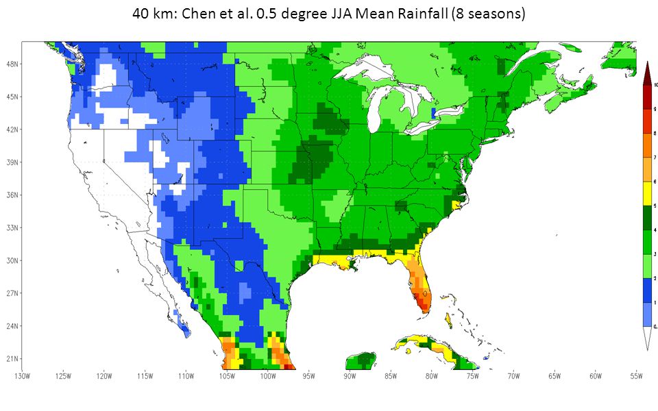 40 km: Chen et al. 0.5 degree JJA Mean Rainfall (8 seasons)