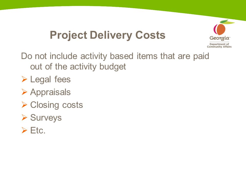 Project Delivery Costs Do not include activity based items that are paid out of the activity budget  Legal fees  Appraisals  Closing costs  Surveys  Etc.
