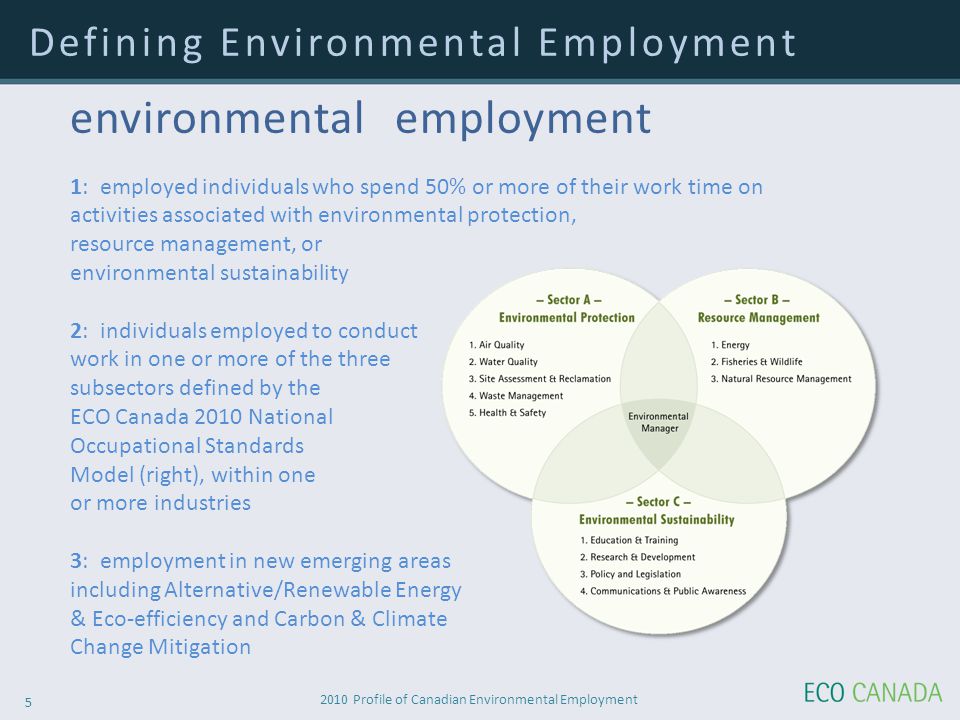 2010 Profile of Canadian Environmental Employment 5 environmental employment 1: employed individuals who spend 50% or more of their work time on activities associated with environmental protection, resource management, or environmental sustainability 2: individuals employed to conduct work in one or more of the three subsectors defined by the ECO Canada 2010 National Occupational Standards Model (right), within one or more industries 3: employment in new emerging areas including Alternative/Renewable Energy & Eco-efficiency and Carbon & Climate Change Mitigation Defining Environmental Employment