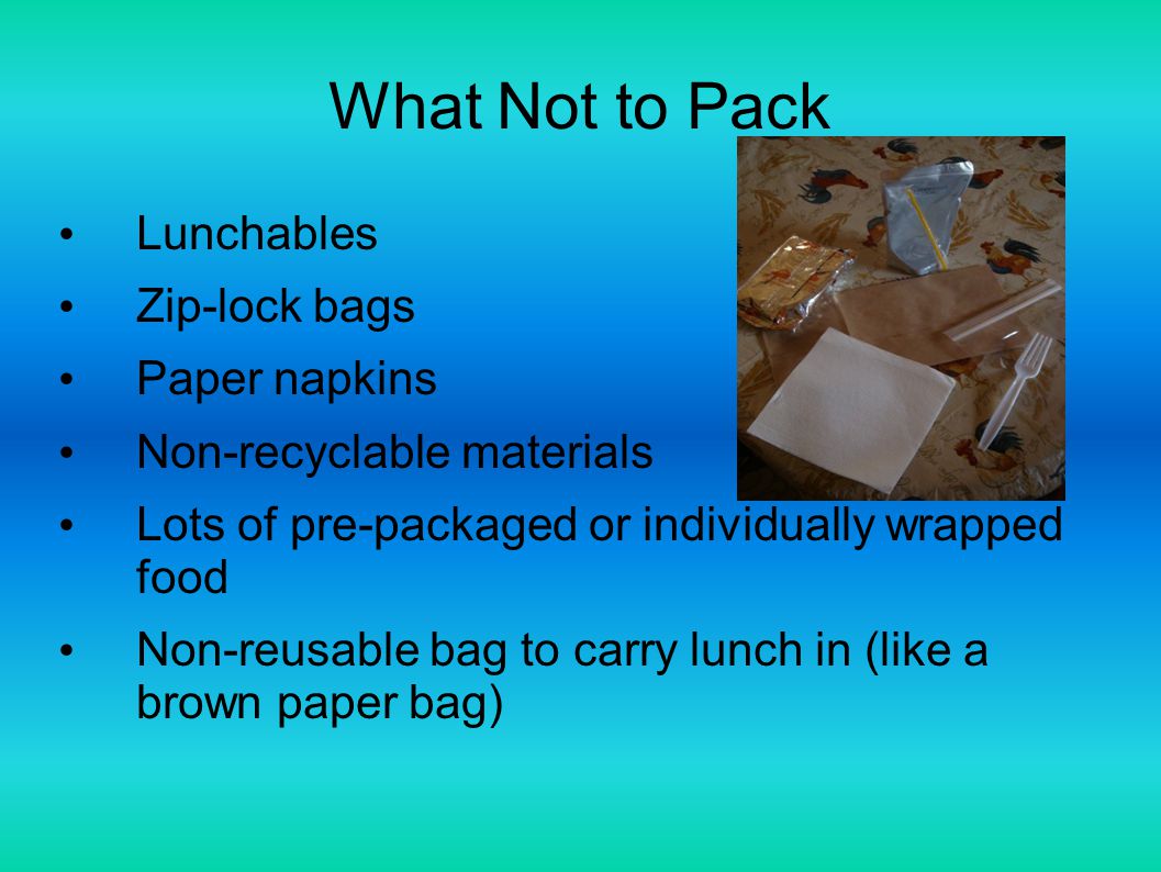 What to Pack A re-usable lunch box Re-usable containers Cloth napkins Re-usable utensils A thermos or another re-usable/recyclable drink container Fruits, vegetables, and other compostable foods