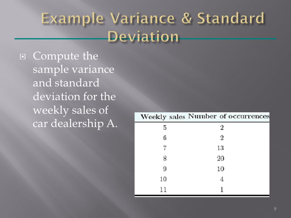  Compute the sample variance and standard deviation for the weekly sales of car dealership A. 9
