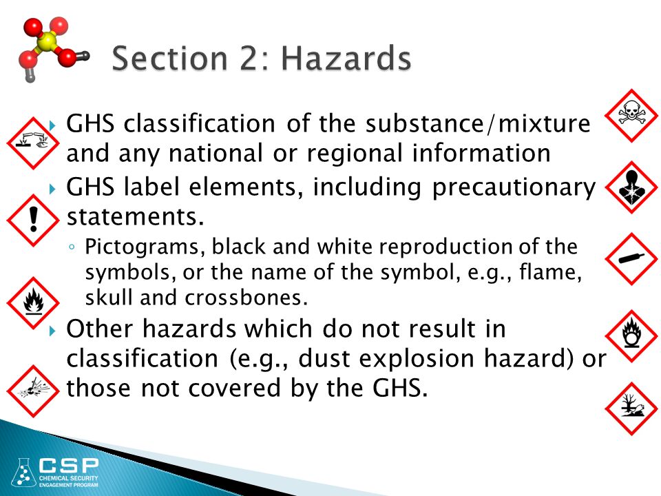  GHS classification of the substance/mixture and any national or regional information  GHS label elements, including precautionary statements.