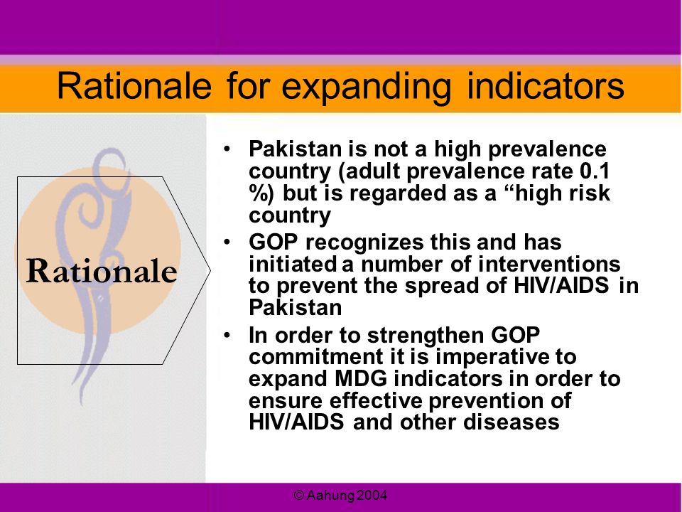 © Aahung 2004 Rationale for expanding indicators Pakistan is not a high prevalence country (adult prevalence rate 0.1 %) but is regarded as a high risk country GOP recognizes this and has initiated a number of interventions to prevent the spread of HIV/AIDS in Pakistan In order to strengthen GOP commitment it is imperative to expand MDG indicators in order to ensure effective prevention of HIV/AIDS and other diseases Rationale