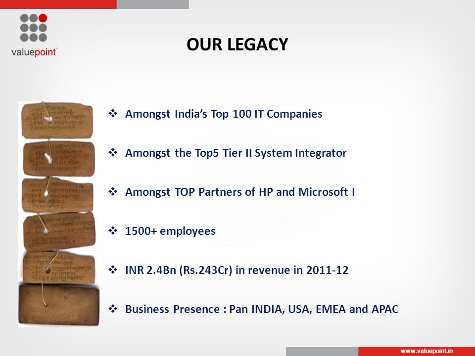 OUR LEGACY  Amongst India’s Top 100 IT Companies  Amongst the Top5 Tier II System Integrator  Amongst TOP Partners of HP and Microsoft I  employees  INR 2.4Bn (Rs.243Cr) in revenue in  Business Presence : Pan INDIA, USA, EMEA and APAC