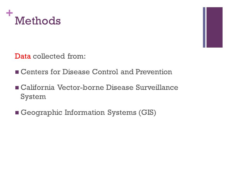 + Methods Data collected from: Centers for Disease Control and Prevention California Vector-borne Disease Surveillance System Geographic Information Systems (GIS)