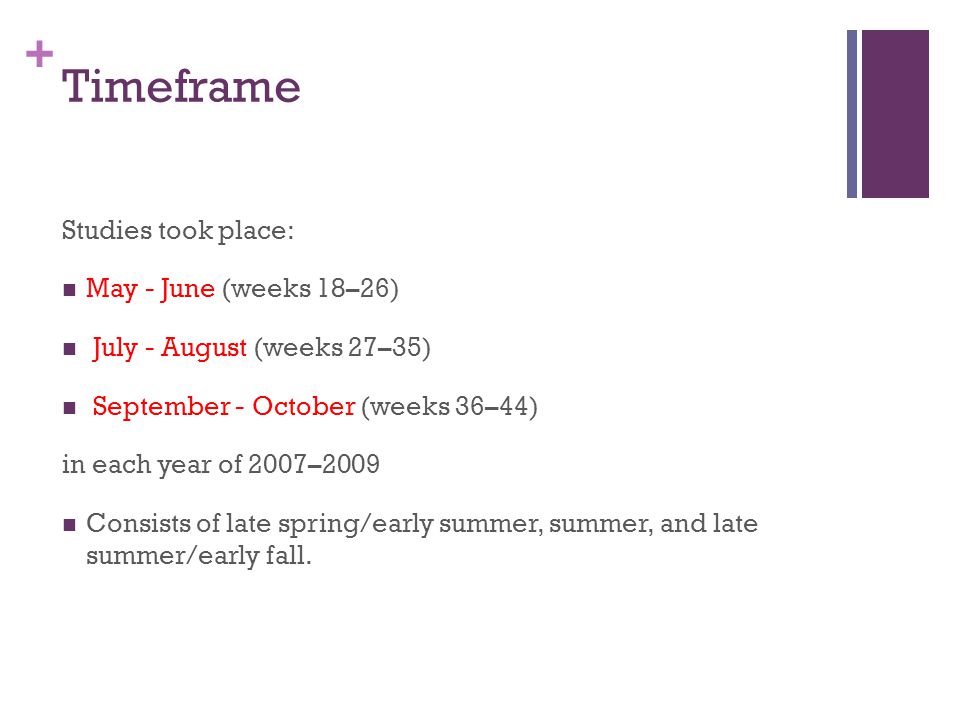 + Timeframe Studies took place: May - June (weeks 18–26) July - August (weeks 27–35) September - October (weeks 36–44) in each year of 2007–2009 Consists of late spring/early summer, summer, and late summer/early fall.