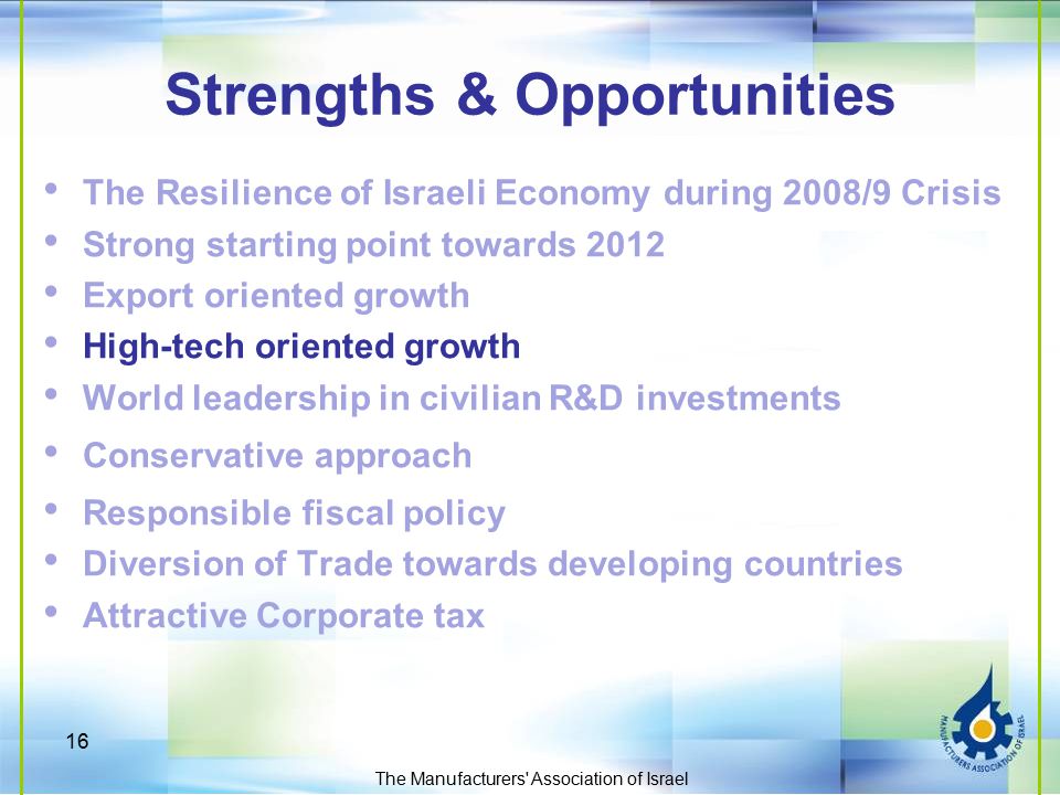 16 The Manufacturers Association of Israel Strengths & Opportunities The Resilience of Israeli Economy during 2008/9 Crisis Strong starting point towards 2012 Export oriented growth High-tech oriented growth World leadership in civilian R&D investments Conservative approach Responsible fiscal policy Diversion of Trade towards developing countries Attractive Corporate tax