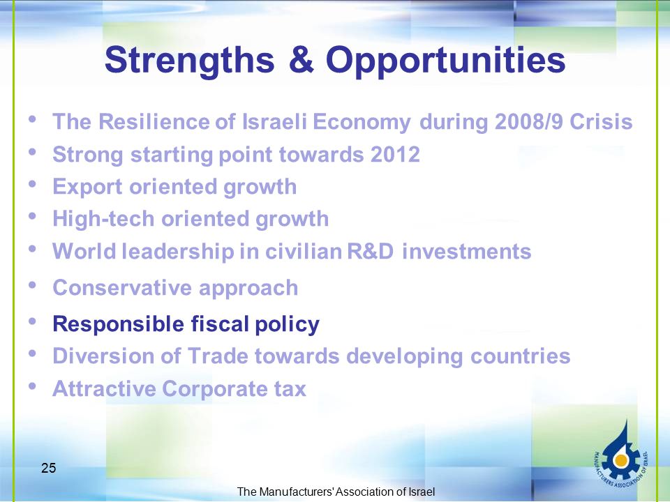 25 The Manufacturers Association of Israel Strengths & Opportunities The Resilience of Israeli Economy during 2008/9 Crisis Strong starting point towards 2012 Export oriented growth High-tech oriented growth World leadership in civilian R&D investments Conservative approach Responsible fiscal policy Diversion of Trade towards developing countries Attractive Corporate tax